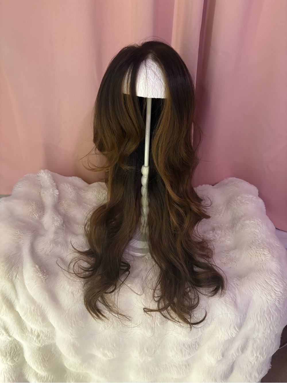 Brunette with caramel blonde highlights 24” synthetic glueless wig precut lace